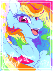 Size: 1800x2400 | Tagged: safe, alternate version, artist:thehaywaiianhorse, rainbow dash, pegasus, pony, g4, border, bust, colored wings, eye clipping through hair, eyebrows, eyebrows visible through hair, female, fluffy, lightning, looking at you, mare, multicolored wings, open mouth, open smile, partially open wings, portrait, rainbow wings, signature, smiling, smiling at you, solo, stars, wings