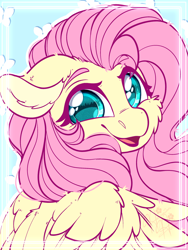 Size: 1800x2400 | Tagged: safe, alternate version, artist:thehaywaiianhorse, fluttershy, pegasus, pony, g4, bust, cheek fluff, colored eyebrows, cute, ear fluff, eyebrows, female, floppy ears, fluffy, looking at you, mare, open mouth, open smile, portrait, shyabetes, smiling, smiling at you, solo, wings