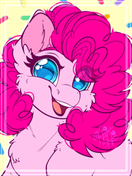 Size: 1800x2400 | Tagged: safe, alternate version, artist:thehaywaiianhorse, pinkie pie, earth pony, pony, g4, bust, cheek fluff, chest fluff, confetti, curly hair, ear fluff, eye clipping through hair, eyebrows, eyebrows visible through hair, female, fluffy, happy, high res, looking at you, mare, open mouth, open smile, portrait, smiling, smiling at you, solo