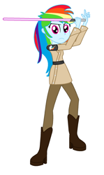 Size: 1158x1939 | Tagged: safe, artist:brightstar40k, rainbow dash, human, equestria girls, g4, female, jedi, lightsaber, nostalgia, simple background, solo, star wars, weapon, white background