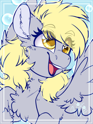 Size: 1800x2400 | Tagged: safe, alternate version, artist:thehaywaiianhorse, derpy hooves, pegasus, pony, g4, blue background, bubble, bust, cheek fluff, chest fluff, cute, derpabetes, ear fluff, eye clipping through hair, eyebrows, eyebrows visible through hair, eyelashes, female, fetlock tuft, fluffy, looking right, mare, open mouth, open smile, portrait, raised hoof, signature, simple background, smiling, solo, spread wings, teeth, wings, yellow eyes