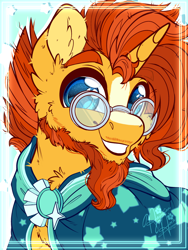 Size: 1800x2400 | Tagged: safe, alternate version, artist:thehaywaiianhorse, sunburst, pony, unicorn, g4, beard, bust, cheek fluff, chest fluff, cloak, clothes, coat markings, ear fluff, facial hair, fluffy, glasses, horn, looking at you, male, messy hair, portrait, smiling, smiling at you, solo, stallion, sunburst's cloak, sunburst's glasses