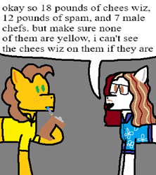 Size: 358x403 | Tagged: safe, artist:44nifty, cheese sandwich, oc, oc:polka party, earth pony, pony, g4, 1000 hours in ms paint, brown eyes, brown mane, cheese whiz, clipboard, clothes, curly mane, duo, duo male, facial hair, father and child, father and son, flower shirt, freckles, glasses, green eyes, hawaiian shirt, implied drug use, male, master chief and luna hanging out, meme, moustache, pen, ponified celebrity, ponified music artist, ponified musician, shirt, spam (meat), stallion, voice actor joke, weird al yankovic, white coat, yellow coat, yellow shirt