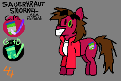 Size: 3000x2000 | Tagged: safe, artist:44nifty, oc, oc only, oc:sauerkraut snorkel, earth pony, pony, albuquerque, brown mane, cutie mark, eyebrows, eyebrows visible through hair, food, glow in the dark, gray background, green eye, messy mane, mismatched eyes, ponified, raised eyebrows, red coat, red jacket, reference sheet, sauerkraut, signature, simple background, snorkel, solo, song reference, weird al yankovic, white shirt