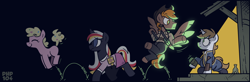 Size: 2480x816 | Tagged: safe, artist:php104, oc, oc only, oc:calamity, oc:littlepip, oc:silver bell, oc:velvet remedy, pegasus, pony, unicorn, fallout equestria, g4, armor, bag, battle saddle, clothes, confetti, dark background, dress, female, filly, flying, foal, hat, horn, jumping, jumpsuit, mare, mare oc, medical saddlebag, pipbuck, pony oc, rock farm, shrug, sitting, smiling, vault suit, walking