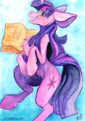 Size: 1226x1742 | Tagged: safe, artist:stirren, twilight sparkle, pony, unicorn, g4, belly fluff, big ears, blue background, book, chest fluff, cute, cyan background, ears back, female, grin, horn, looking at you, mare, smiling, solo, traditional art, unicorn twilight