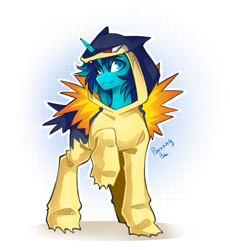 Size: 2032x2211 | Tagged: safe, artist:buvanybu, oc, oc only, oc:rocky blues, pony, typhlosion, unicorn, clothes, commissioner:legionofblues, costume, horn, kigurumi, looking at you, pokémon, simple background, solo, white background