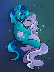 Size: 1536x2048 | Tagged: safe, artist:chaoticcr0w, diamond tiara, oc, oc:rocky blues, earth pony, unicorn, g4, canon x oc, colt, commission, commissioner:legionofblues, cuddling, duo, duo male and female, female, filly, foal, gradient background, horn, hug, male, music notes, shipping, singing