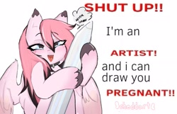 Size: 3187x2048 | Tagged: safe, artist:cheddart, oc, oc only, oc:cheddy, pegasus, pony, artist, collar, female, mare, meme, open mouth, pegasus oc, pencil, shitposting, simple background, solo, text, unshorn fetlocks, white background, wings