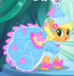 Size: 292x298 | Tagged: safe, gameloft, applejack, g4, look before you sleep, applejack also dresses in style, beautiful, clothes, dress, dressup, froufrou glittery lacy outfit, happy, hat, hennin, princess, princess applejack, puffy sleeves, smiling