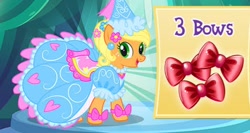 Size: 498x264 | Tagged: safe, gameloft, applejack, g4, look before you sleep, applejack also dresses in style, beautiful, bow, clothes, dress, dressup, froufrou glittery lacy outfit, game, happy, hat, hennin, princess, princess applejack, puffy sleeves, smiling