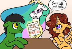 Size: 1976x1353 | Tagged: safe, artist:fillyfool, princess celestia, oc, alicorn, earth pony, pony, g4, 4chan, alicorn oc, anon pony, black mane, brown mane, comparison, comparison chart, crossed arms, curly mane, drama, earth pony oc, family guy, fandom, green body, horn, meta, parody, purple eyes, speech bubble, spread wings, text, twitter, wings, yellow body, yellow eyes