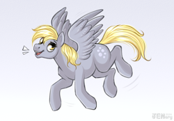 Size: 2388x1658 | Tagged: safe, artist:jenery, derpy hooves, pegasus, pony, g4, female, flying, gradient background, mare, open mouth, open smile, signature, smiling, solo, spread wings, wings