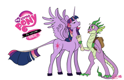 Size: 1040x671 | Tagged: safe, artist:gorjee-art, spike, twilight sparkle, alicorn, classical unicorn, dragon, pony, g4, backpack, duo, duo male and female, female, forked tongue, horn, leonine tail, male, mare, my little pony logo, older, older spike, scroll, simple background, spread wings, teenage spike, teenaged dragon, teenager, tongue out, twilight sparkle (alicorn), white background, wingless spike, wings