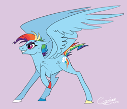 Size: 802x688 | Tagged: safe, artist:gorjee-art, rainbow dash, pegasus, pony, g4, colored hooves, ears back, grin, hooves, large wings, multicolored hooves, purple background, raised hoof, short mane, signature, simple background, smiling, solo, wings