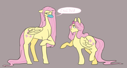 Size: 1280x681 | Tagged: safe, artist:gorjee-art, fluttershy, pegasus, pony, g4, butterscotch, duo, duo male and female, female, floppy ears, germaphobe, gray background, height difference, male, mare, self paradox, self ponidox, simple background, stallion, standing on two hooves, tallershy, trans fluttershy, trans male, transgender