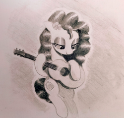 Size: 2434x2318 | Tagged: safe, artist:mizhisha, pear butter, earth pony, pony, g4, female, guitar, looking down, mare, musical instrument, pencil drawing, smiling, solo, traditional art