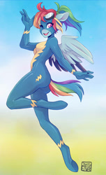 Size: 1242x2049 | Tagged: safe, artist:cherryena, rainbow dash, pegasus, anthro, unguligrade anthro, g4, ass, blurry background, bodysuit, breasts, busty rainbow dash, butt, clothes, eye clipping through hair, female, goggles, gradient background, looking at you, one eye closed, open mouth, open smile, outdoors, rainbutt dash, reasonably sized breasts, signature, smiling, smiling at you, solo, spread wings, uniform, wings, wink, winking at you, wonderbolts uniform