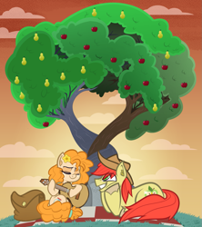 Size: 1197x1347 | Tagged: safe, artist:yellowthunder47, bright mac, pear butter, earth pony, pony, g4, the perfect pear, acoustic guitar, apple, apple tree, dexterous hooves, duo, duo male and female, female, grin, guitar, intertwined trees, lidded eyes, lying down, male, mare, musical instrument, pear tree, picnic blanket, prone, rock, ship:brightbutter, shipping, sitting, smiling, stallion, straight, sunset, tree