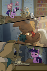 Size: 3143x4711 | Tagged: safe, artist:ciborgen, mayor mare, twilight sparkle, earth pony, pony, unicorn, g4, book, bookshelf, duo, duo female, eyes closed, female, filing cabinet, floppy ears, frown, high res, hoof licking, indoors, inkwell, levitation, licking, magic, mare, no dialogue, open mouth, open smile, quill, scroll, smiling, telekinesis, underhoof, unicorn twilight