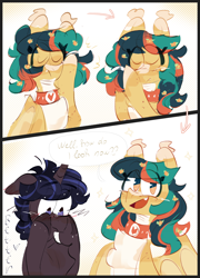 Size: 2550x3550 | Tagged: safe, artist:pakmur, oc, oc only, oc:olen, oc:space, bat pony, unicorn, chest fluff, collar, comic, cute, ear fluff, ear tufts, flower, hair tie, horn, looking at you, smiling, smiling at you