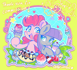 Size: 2000x1803 | Tagged: safe, artist:oofycolorful, maud pie, pinkie pie, earth pony, pony, g4, :d, banana, banana split, blush sticker, blushing, cherry, chocolate, commission, cup, drink, duo, female, food, hoof hold, ice cream, ice cream cone, leaf, lime background, mare, milkshake, open mouth, open smile, outline, popsicle, shaved ice, siblings, sisters, smiling, starry eyes, sundae, text, white outline, wingding eyes