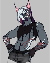 Size: 725x912 | Tagged: safe, artist:blackblood-queen, oc, oc only, oc:orpheus, bat pony, anthro, unguligrade anthro, abs, anthro oc, bat pony oc, clothes, digital art, ear piercing, facial hair, fangs, grin, looking at you, looking down, looking down at you, male, male nipples, muscles, muscular male, nipples, piercing, scar, simple background, slit pupils, smiling, smiling at you, solo, stallion, torn clothes, wingless, wingless anthro