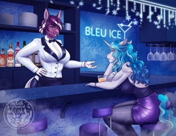 Size: 3300x2543 | Tagged: safe, artist:askbubblelee, oc, oc only, oc:bubble lee, oc:merlot swirl, bat pony, earth pony, unicorn, wingless bat pony, anthro, unguligrade anthro, alcohol, alternate universe, anthro oc, bar, bartender, big breasts, breasts, busty oc, clothes, digital art, drink, ear piercing, earth pony oc, fangs, female, freckles, glass, horn, indoors, mare, muscles, muscular female, necktie, piercing, sitting, slit pupils, smiling, unicorn oc, willowverse, wingless