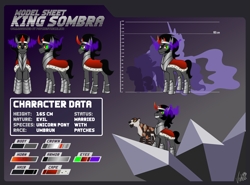 Size: 8000x5932 | Tagged: safe, artist:vixkra, king sombra, pony, unicorn, g4, antagonist, armor, cape, clothes, commission, duo, duo male, evil, evil smile, gradient background, horn, information, magic, male, reference sheet, royalty, smiling