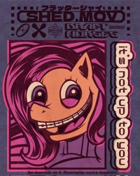 Size: 1638x2048 | Tagged: safe, artist:poxy_boxy, fluttershy, pegasus, pony, .mov, shed.mov, g4, bondage, braces, female, fluttershed, limited palette, mare, open mouth, open smile, smiling, solo, straitjacket, text