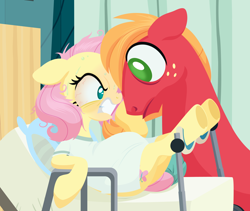 Size: 2560x2160 | Tagged: safe, alternate version, anonymous artist, big macintosh, fluttershy, earth pony, pegasus, pony, series:fm holidays, g4, alternate hairstyle, angry, bags under eyes, bed, bloodshot eyes, clothes, duo, duo male and female, ears back, female, floppy ears, frog (hoof), frown, gritted teeth, hair pulling, high res, hoof hold, hospital bed, hospital gown, indoors, labor, labor day, male, mare, messy mane, nose to nose, preggoshy, pregnant, ship:fluttermac, shipping, short mane, stallion, straight, sweat, teeth, textless, textless version, underhoof