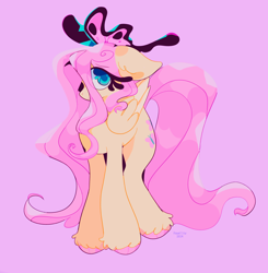 Size: 2008x2048 | Tagged: safe, artist:foxelity, fluttershy, butterfly, pegasus, pony, g4, blue eyes, colored hooves, eye clipping through hair, eyebrows, eyebrows visible through hair, female, folded wings, full body, high res, hooves, mare, pink background, pink hooves, pink mane, pink tail, signature, simple background, solo, tail, unshorn fetlocks, wings, yellow coat