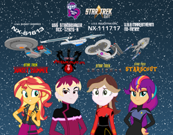 Size: 1920x1500 | Tagged: safe, artist:jrshinkansenhorse, artist:robertsonskywa1, sunny starscout, sunset shimmer, oc, oc:captain becky ray shoichet, oc:starbreaker firewalker, star trek: sunset shimmer, equestria girls, g4, g5, equestria girls-ified, female, g5 to equestria girls, g5 to g4, generation leap, male, marestream, photo, star trek, star trek: aridaginatan, star trek: shoichet, star trek: starscout, starship, text, uss equestria girl, uss marestream, uss starbreaker, uss sunset shimmer