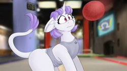 Size: 1920x1080 | Tagged: safe, artist:thedigodragon, oc, oc only, oc:lilac lazer, pony, unicorn, dodgeball, horn, imminent pain, indoors, leonine tail, solo, tail, unicorn oc