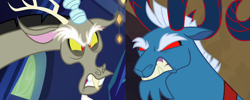 Size: 1404x563 | Tagged: safe, edit, edited screencap, editor:incredibubbleirishguy, screencap, discord, grogar, draconequus, goat, sheep, dungeons and discords, frenemies (episode), g4, season 6, season 9, alternate scenario, angry, cropped, duo, duo male, gritted teeth, growling, grudge, hatred, male, ram, real grogar, red eyes, rivalry, side by side, snarling, split screen, teeth, twilight's castle, two sides, vs