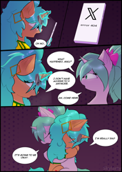 Size: 2894x4093 | Tagged: safe, artist:skylarty, oc, oc:magicalmysticva, comic:a mystic bluesky, brazilian miku, cellphone, explicit source, female, hatsune miku, hug, lesbian, meta, phone, speech bubble, twitter, vocaloid