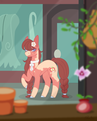 Size: 5213x6487 | Tagged: safe, artist:stars-in-a-bottle, oc, oc only, oc:sweet-apple blossom, earth pony, pony, braid, coat markings, female, flower, flower in hair, mare, offspring, parent:big macintosh, parent:torque wrench, plant pot, socks (coat markings), solo, story included