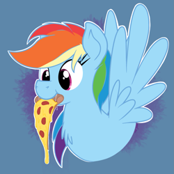 Size: 1091x1091 | Tagged: safe, artist:eels, rainbow dash, pegasus, pony, g4, chest fluff, cute, dashabetes, female, food, mare, meat, mouth hold, pepperoni, pepperoni pizza, pizza, solo, spread wings, wings