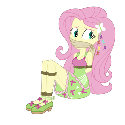 Size: 2000x2000 | Tagged: safe, artist:nie-martw-sie-o-mnie, fluttershy, human, equestria girls, g4, my little pony equestria girls: legend of everfree, bondage, bound and gagged, butterfly hairpin, camp fashion show outfit, cloth gag, clothes, dress, female, femsub, fluttersub, gag, rope, rope bondage, simple background, solo, submissive, tied up, transparent background