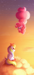 Size: 1080x2340 | Tagged: safe, artist:candy meow, pinkie pie, rainbow dash, earth pony, pegasus, g4, cartoon physics, cloud, duo, female, floating, inflatable, inflated tail, inflation, mare, phone wallpaper, pinkie being pinkie, pinkie physics, shocked, sitting, sky, smiling, stars, sunset, tail