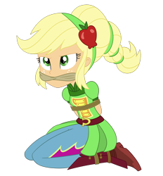 Size: 2000x2152 | Tagged: safe, artist:nie-martw-sie-o-mnie, applejack, human, equestria girls, g4, my little pony equestria girls: friendship games, applesub, arm behind back, bondage, bound and gagged, cleave gag, cloth gag, female, femsub, freckles, gag, kneeling, rope, rope bondage, simple background, solo, sports outfit, submissive, transparent background