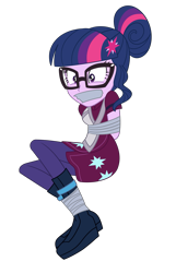 Size: 1467x2280 | Tagged: safe, artist:nie-martw-sie-o-mnie, sci-twi, twilight sparkle, human, equestria girls, g4, my little pony equestria girls: friendship games, arm behind back, bondage, bound and gagged, female, femsub, gag, glasses, hair bun, simple background, solo, sports outfit, submissive, tape, tape bondage, tape gag, tied up, transparent background, twisub