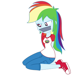 Size: 2000x2000 | Tagged: safe, artist:nie-martw-sie-o-mnie, rainbow dash, human, equestria girls, g4, my little pony equestria girls: legend of everfree, arm behind back, bondage, bound and gagged, camp everfree outfits, dashsub, female, femsub, gag, kneeling, simple background, solo, submissive, tape, tape gag, transparent background