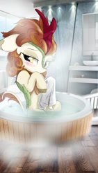 Size: 1080x1920 | Tagged: safe, artist:fzgeneral, autumn blaze, kirin, pony, g4, bathroom, bathtub, blushing, cloven hooves, female, indoors, mare, sitting, solo, steam, towel