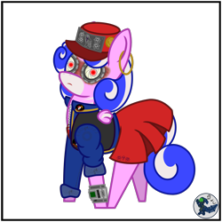 Size: 2000x2000 | Tagged: safe, artist:dice-warwick, oc, oc only, oc:harp melody, cyber pony, original species, pony, fallout equestria, augmented, biker vest, clothes, cyber eyes, female, hades, hat, jacket, mare, mirage pony, pipbuck, red dress, red hat, simple background, small wings, solo, transparent background, wings