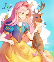 Size: 1980x2262 | Tagged: safe, artist:shansewanzi, fluttershy, beaver, bird, butterfly, capybara, deer, human, parrot, pig, g4, :d, clothes, cloud, humanized, long skirt, open mouth, open smile, outdoors, skirt, sky, smiling, snow white, solo