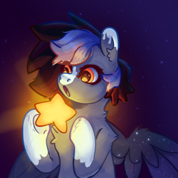 Size: 1280x1280 | Tagged: artist needed, oc name needed, source needed, safe, oc, oc only, pegasus, pony, blaze (coat marking), coat markings, facial markings, gradient background, looking at something, open mouth, outdoors, pegasus oc, socks (coat markings), spread wings, starry eyes, stars, wingding eyes, wings