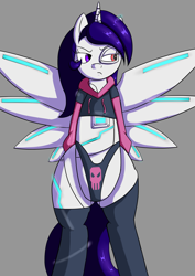 Size: 2480x3508 | Tagged: safe, artist:jaden forte, oc, oc only, cyborg, unicorn, amputee, angry, artificial wings, augmented, clothes, cute, female, horn, mare, mechanical wing, paggi outfit, panties, prosthetic leg, prosthetic limb, prosthetics, socks, thigh highs, underwear, wings