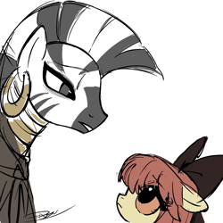 Size: 2048x2048 | Tagged: safe, artist:-天堂列車, apple bloom, zecora, earth pony, pony, zebra, g4, cloak, clothes, female, filly, foal, frown, looking at each other, looking at someone, mare, simple background, white background