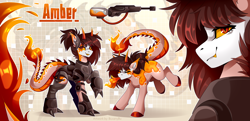 Size: 6660x3213 | Tagged: safe, artist:buvanybu, oc, oc only, oc:amber, dracony, dragon, hybrid, pony, abstract background, adoptable, armor, fangs, fire, fire breath, looking at you, signature, sneezing, solo